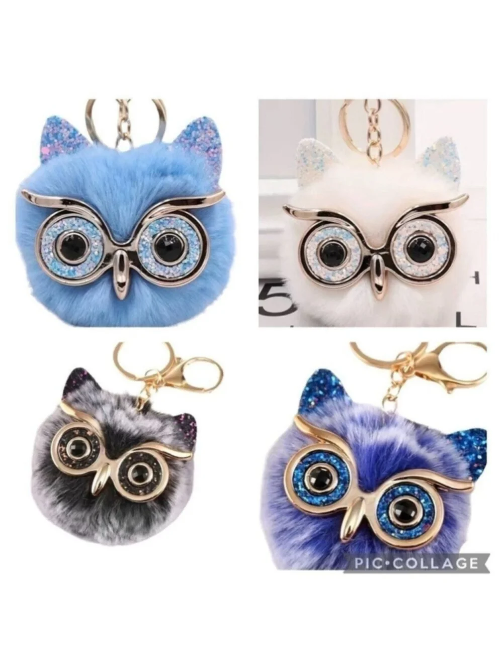 NEW Fluffy Owl Pom Keychain Bag Charm – Frosted Blue, White & Gold | NWT